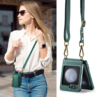 For Samsung Galaxy Z Flip5 5G DG.MING M5 Series Zip RFID Multi Card Detachable Leather Phone Case with Long Lanyard(Green)