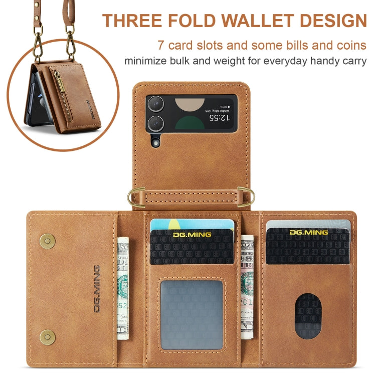 For Samsung Galaxy Z Flip4 5G DG.MING M5 Series Zip RFID Multi Card Detachable Leather Phone Case with Long Lanyard(Brown)