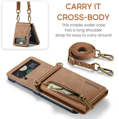 For Samsung Galaxy Z Flip4 5G DG.MING M5 Series Zip RFID Multi Card Detachable Leather Phone Case with Long Lanyard(Brown)