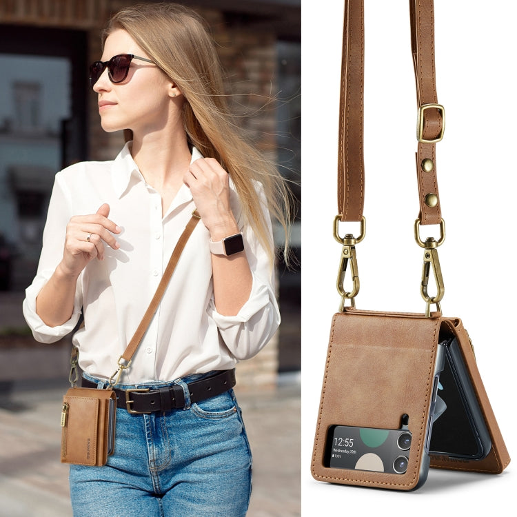 For Samsung Galaxy Z Flip4 5G DG.MING M5 Series Zip RFID Multi Card Detachable Leather Phone Case with Long Lanyard(Brown)