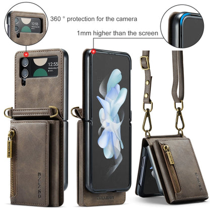 For Samsung Galaxy Z Flip4 5G DG.MING M5 Series Zip RFID Multi Card Detachable Leather Phone Case with Long Lanyard(Coffee)
