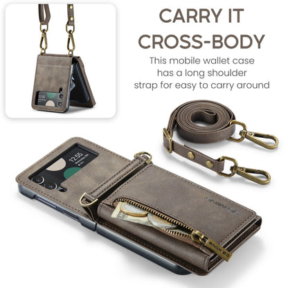 For Samsung Galaxy Z Flip4 5G DG.MING M5 Series Zip RFID Multi Card Detachable Leather Phone Case with Long Lanyard(Coffee)