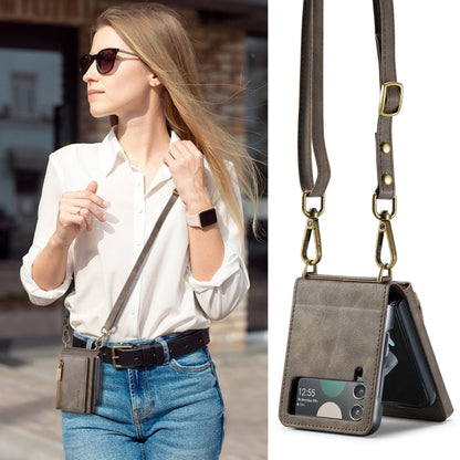 For Samsung Galaxy Z Flip4 5G DG.MING M5 Series Zip RFID Multi Card Detachable Leather Phone Case with Long Lanyard(Coffee)