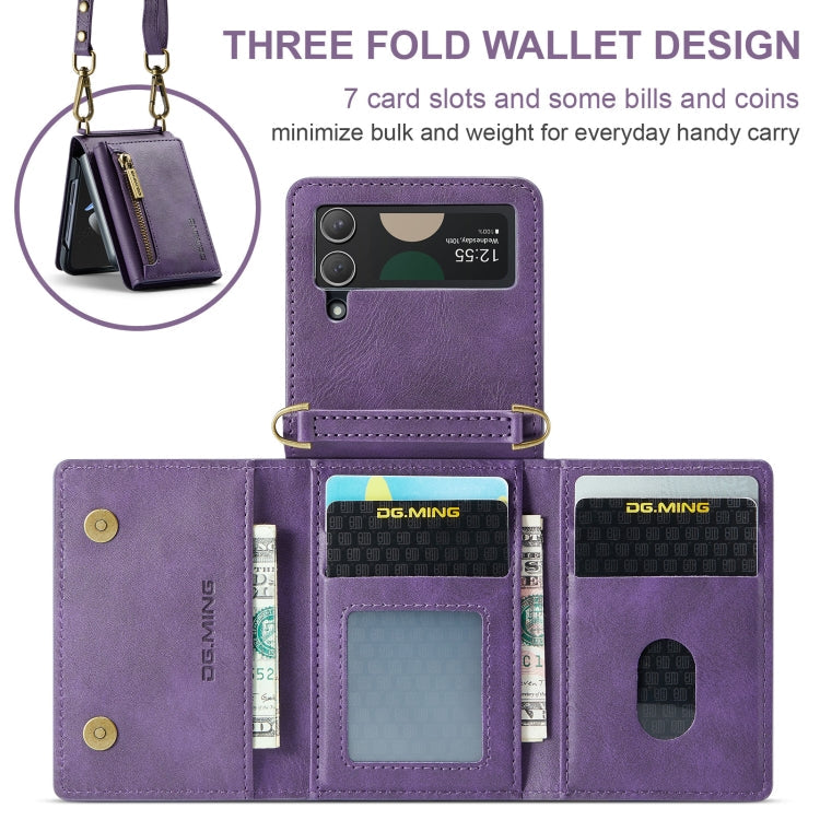 For Samsung Galaxy Z Flip4 5G DG.MING M5 Series Zip RFID Multi Card Detachable Leather Phone Case with Long Lanyard(Purple)