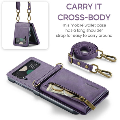 For Samsung Galaxy Z Flip4 5G DG.MING M5 Series Zip RFID Multi Card Detachable Leather Phone Case with Long Lanyard(Purple)