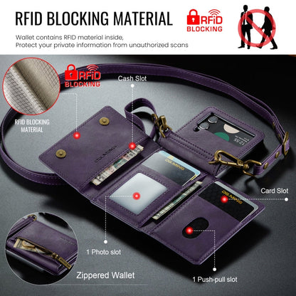 For Samsung Galaxy Z Flip4 5G DG.MING M5 Series Zip RFID Multi Card Detachable Leather Phone Case with Long Lanyard(Purple)