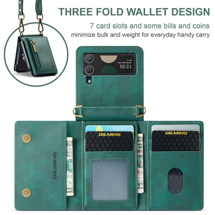 For Samsung Galaxy Z Flip4 5G DG.MING M5 Series Zip RFID Multi Card Detachable Leather Phone Case with Long Lanyard(Green)