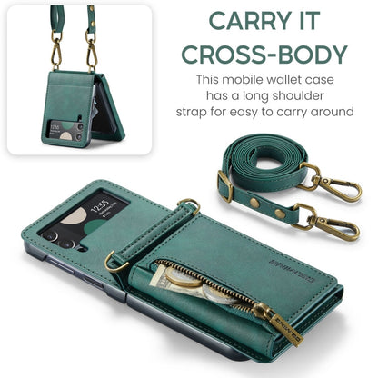 For Samsung Galaxy Z Flip4 5G DG.MING M5 Series Zip RFID Multi Card Detachable Leather Phone Case with Long Lanyard(Green)