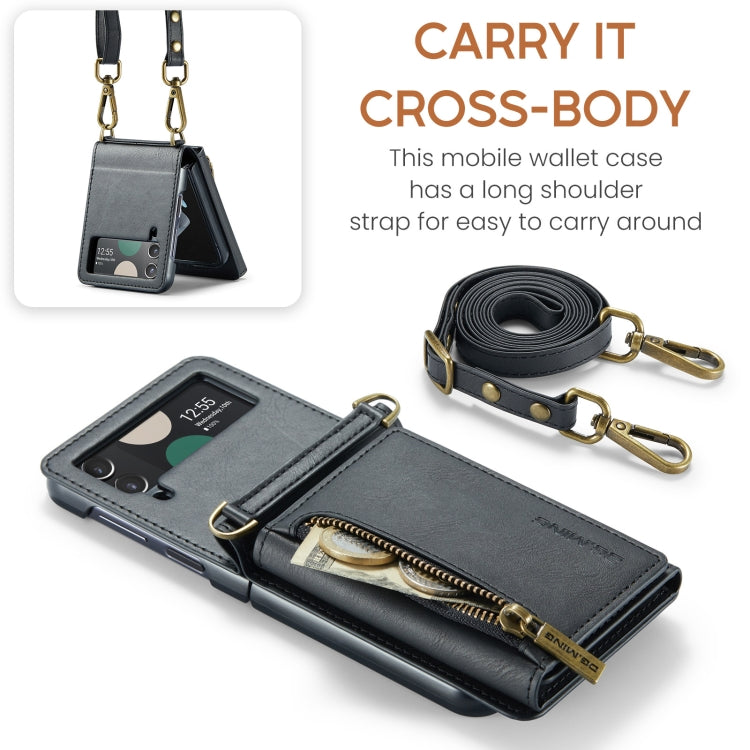For Samsung Galaxy Z Flip3 5G DG.MING M5 Series Zip RFID Multi Card Detachable Leather Phone Case with Long Lanyard(Black)