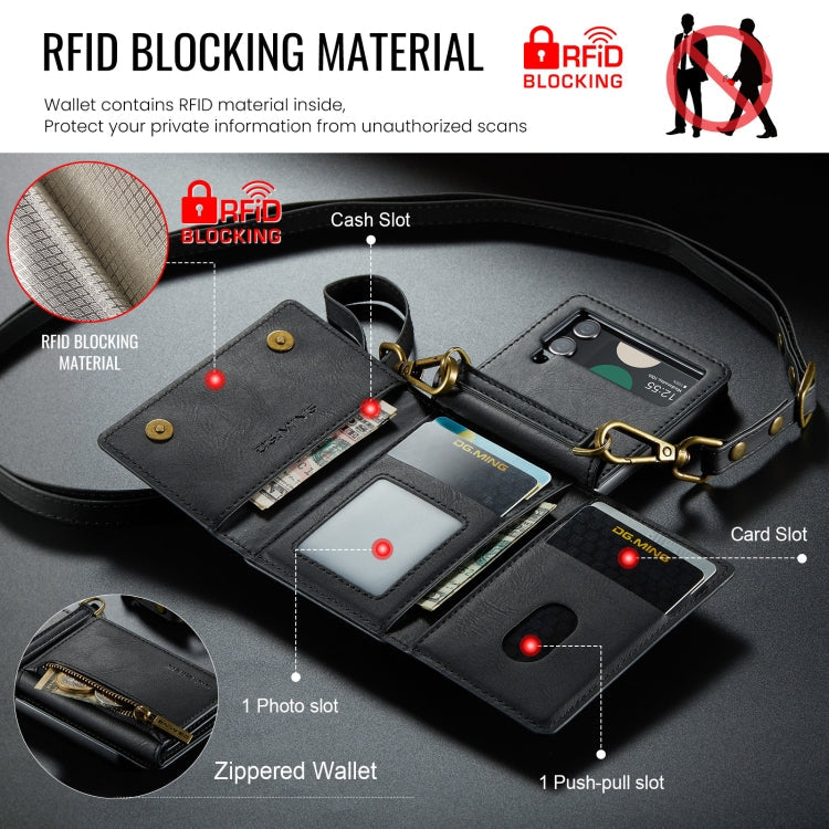 For Samsung Galaxy Z Flip3 5G DG.MING M5 Series Zip RFID Multi Card Detachable Leather Phone Case with Long Lanyard(Black)