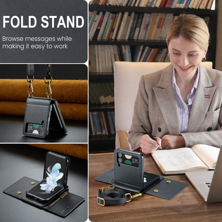 For Samsung Galaxy Z Flip3 5G DG.MING M5 Series Zip RFID Multi Card Detachable Leather Phone Case with Long Lanyard(Black)