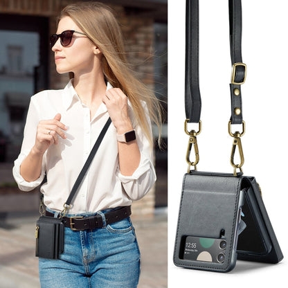 For Samsung Galaxy Z Flip3 5G DG.MING M5 Series Zip RFID Multi Card Detachable Leather Phone Case with Long Lanyard(Black)