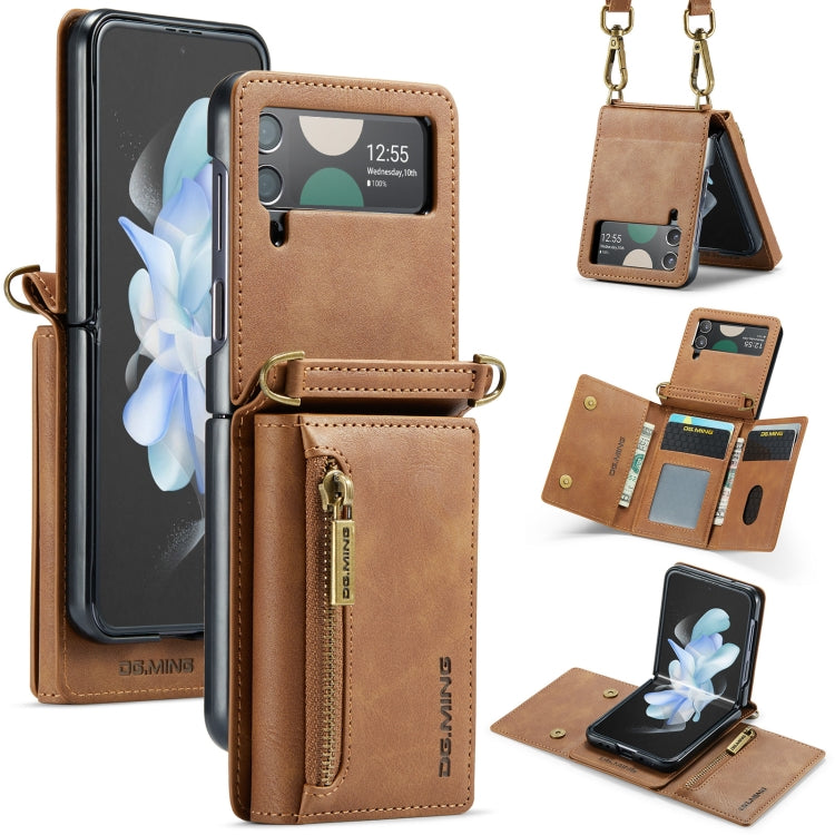 For Samsung Galaxy Z Flip3 5G DG.MING M5 Series Zip RFID Multi Card Detachable Leather Phone Case with Long Lanyard(Brown)