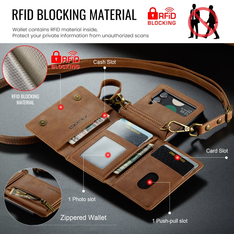 For Samsung Galaxy Z Flip3 5G DG.MING M5 Series Zip RFID Multi Card Detachable Leather Phone Case with Long Lanyard(Brown)