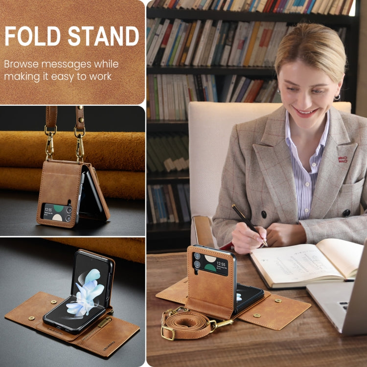 For Samsung Galaxy Z Flip3 5G DG.MING M5 Series Zip RFID Multi Card Detachable Leather Phone Case with Long Lanyard(Brown)