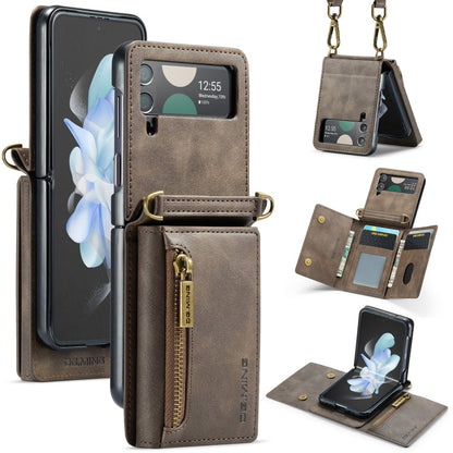 For Samsung Galaxy Z Flip3 5G DG.MING M5 Series Zip RFID Multi Card Detachable Leather Phone Case with Long Lanyard(Coffee)