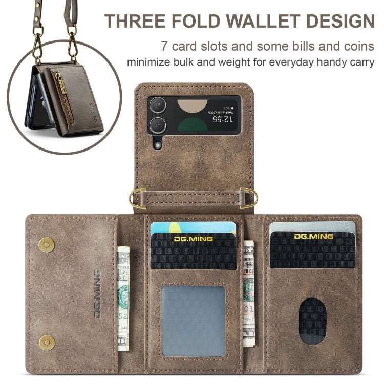For Samsung Galaxy Z Flip3 5G DG.MING M5 Series Zip RFID Multi Card Detachable Leather Phone Case with Long Lanyard(Coffee)