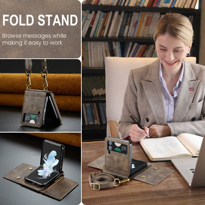 For Samsung Galaxy Z Flip3 5G DG.MING M5 Series Zip RFID Multi Card Detachable Leather Phone Case with Long Lanyard(Coffee)