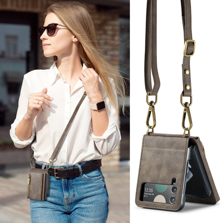 For Samsung Galaxy Z Flip3 5G DG.MING M5 Series Zip RFID Multi Card Detachable Leather Phone Case with Long Lanyard(Coffee)