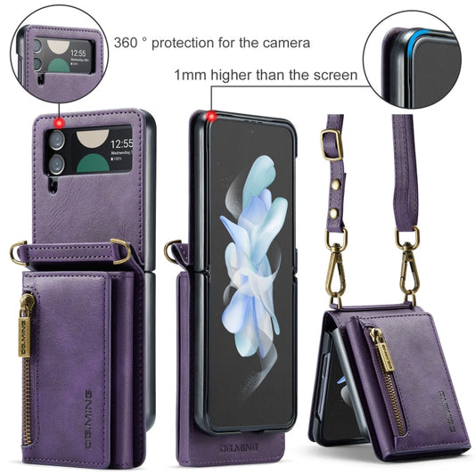 For Samsung Galaxy Z Flip3 5G DG.MING M5 Series Zip RFID Multi Card Detachable Leather Phone Case with Long Lanyard(Purple)