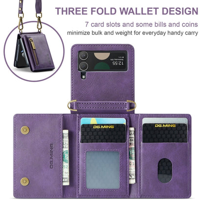 For Samsung Galaxy Z Flip3 5G DG.MING M5 Series Zip RFID Multi Card Detachable Leather Phone Case with Long Lanyard(Purple)