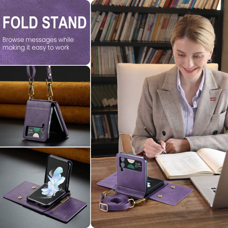 For Samsung Galaxy Z Flip3 5G DG.MING M5 Series Zip RFID Multi Card Detachable Leather Phone Case with Long Lanyard(Purple)