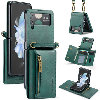 For Samsung Galaxy Z Flip3 5G DG.MING M5 Series Zip RFID Multi Card Detachable Leather Phone Case with Long Lanyard(Green)