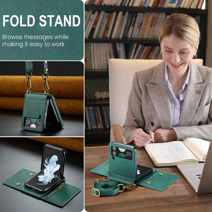 For Samsung Galaxy Z Flip3 5G DG.MING M5 Series Zip RFID Multi Card Detachable Leather Phone Case with Long Lanyard(Green)