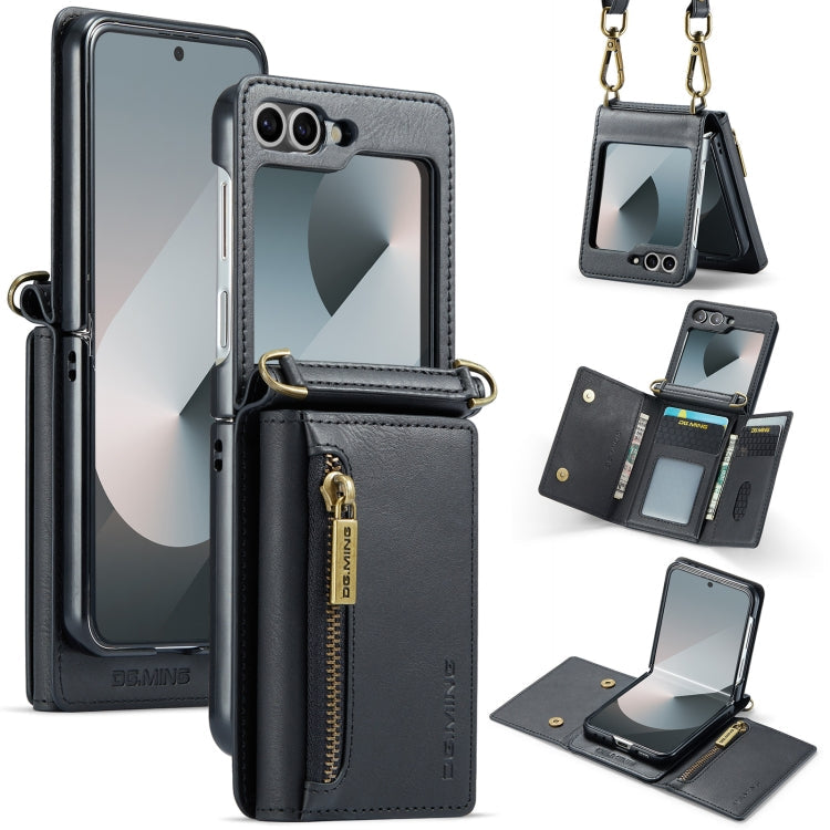 Pour Samsung Galaxy Z Flip6 DG.MING M5 Series Étui portefeuille en cuir détachable avec fermeture éclair, protection RFID et long cordon (noir)