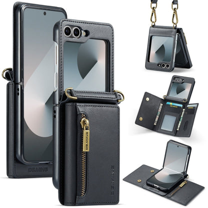 Pour Samsung Galaxy Z Flip6 DG.MING M5 Series Étui portefeuille en cuir détachable avec fermeture éclair, protection RFID et long cordon (noir)