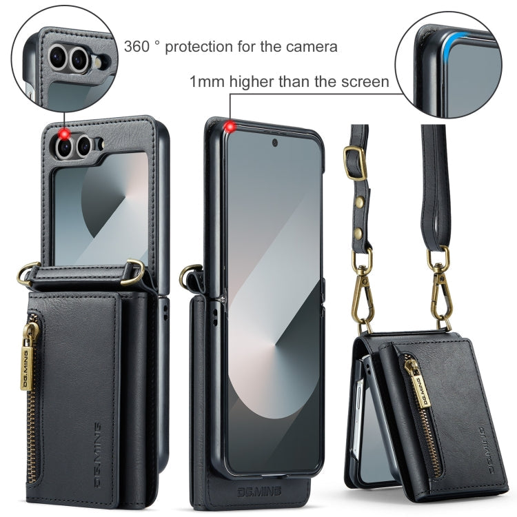 Pour Samsung Galaxy Z Flip6 DG.MING M5 Series Étui portefeuille en cuir détachable avec fermeture éclair, protection RFID et long cordon (noir)