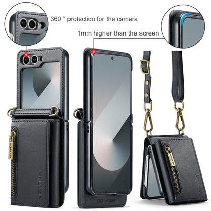 Pour Samsung Galaxy Z Flip6 DG.MING M5 Series Étui portefeuille en cuir détachable avec fermeture éclair, protection RFID et long cordon (noir)