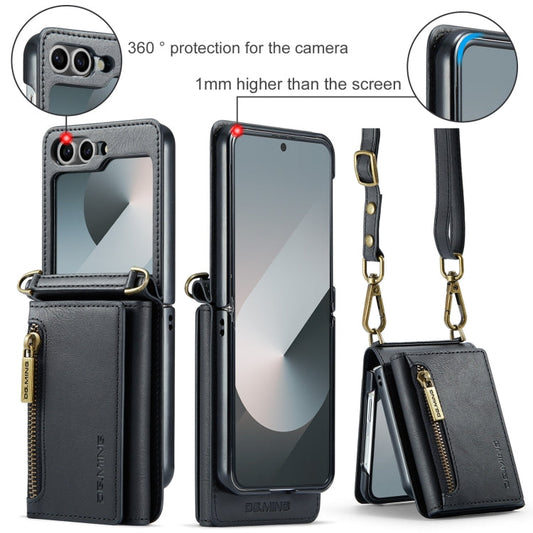For Samsung Galaxy Z Flip6 DG.MING M5 Series Zip RFID Multi Card Detachable Leather Phone Case with Long Lanyard(Black)