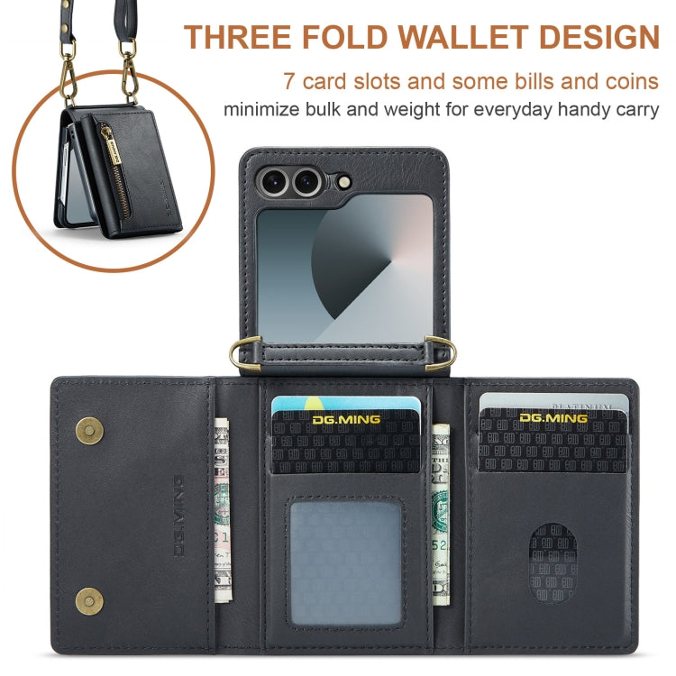 Pour Samsung Galaxy Z Flip6 DG.MING M5 Series Étui portefeuille en cuir détachable avec fermeture éclair, protection RFID et long cordon (noir)