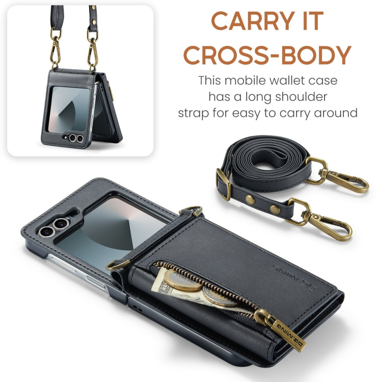 Pour Samsung Galaxy Z Flip6 DG.MING M5 Series Étui portefeuille en cuir détachable avec fermeture éclair, protection RFID et long cordon (noir)