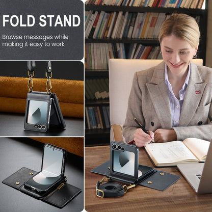 Pour Samsung Galaxy Z Flip6 DG.MING M5 Series Étui portefeuille en cuir détachable avec fermeture éclair, protection RFID et long cordon (noir)