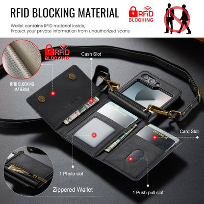 Pour Samsung Galaxy Z Flip6 DG.MING M5 Series Étui portefeuille en cuir détachable avec fermeture éclair, protection RFID et long cordon (noir)