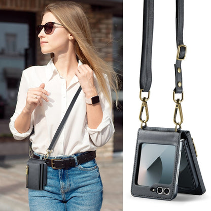 Pour Samsung Galaxy Z Flip6 DG.MING M5 Series Étui portefeuille en cuir détachable avec fermeture éclair, protection RFID et long cordon (noir)