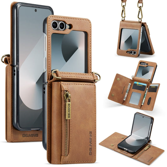 For Samsung Galaxy Z Flip6 DG.MING M5 Series Zip RFID Multi Card Detachable Leather Phone Case with Long Lanyard(Brown)