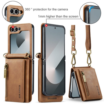 For Samsung Galaxy Z Flip6 DG.MING M5 Series Zip RFID Multi Card Detachable Leather Phone Case with Long Lanyard(Brown)