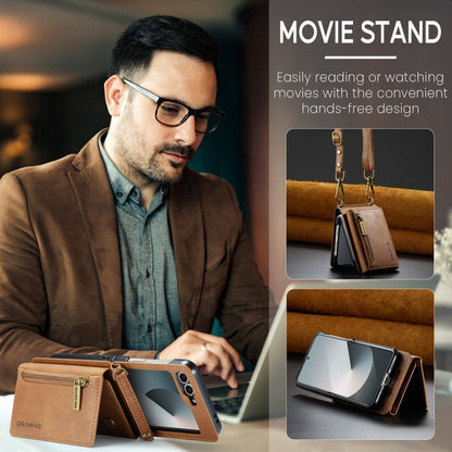 For Samsung Galaxy Z Flip6 DG.MING M5 Series Zip RFID Multi Card Detachable Leather Phone Case with Long Lanyard(Brown)