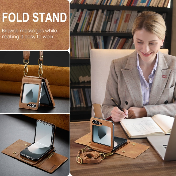 For Samsung Galaxy Z Flip6 DG.MING M5 Series Zip RFID Multi Card Detachable Leather Phone Case with Long Lanyard(Brown)