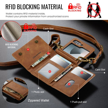 For Samsung Galaxy Z Flip6 DG.MING M5 Series Zip RFID Multi Card Detachable Leather Phone Case with Long Lanyard(Brown)