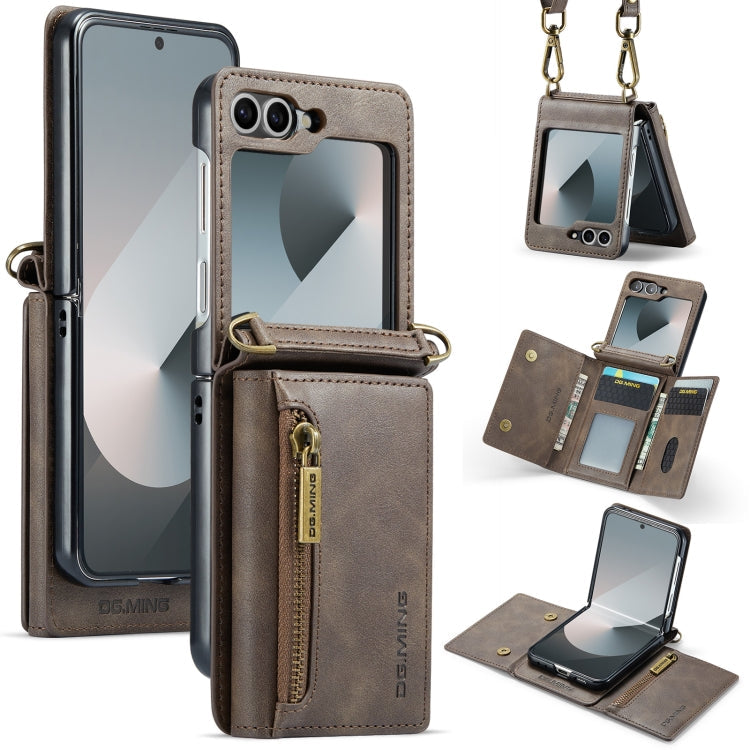For Samsung Galaxy Z Flip6 DG.MING M5 Series Zip RFID Multi Card Detachable Leather Phone Case with Long Lanyard(Coffee)