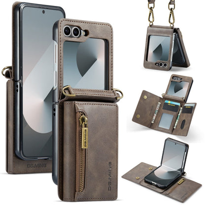 For Samsung Galaxy Z Flip6 DG.MING M5 Series Zip RFID Multi Card Detachable Leather Phone Case with Long Lanyard(Coffee)