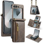 For Samsung Galaxy Z Flip6 DG.MING M5 Series Zip RFID Multi Card Detachable Leather Phone Case with Long Lanyard(Coffee)
