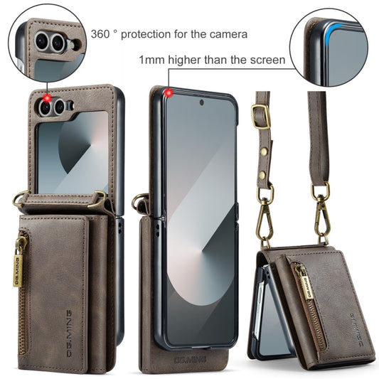 Pour Samsung Galaxy Z Flip6 DG.MING M5 Series Zip RFID Étui de téléphone en cuir détachable multi-cartes avec dragonne longue (café)
