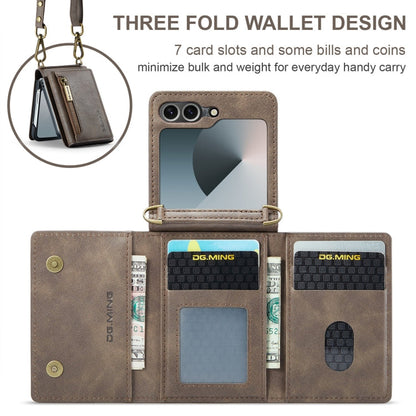 For Samsung Galaxy Z Flip6 DG.MING M5 Series Zip RFID Multi Card Detachable Leather Phone Case with Long Lanyard(Coffee)