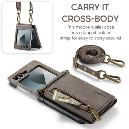For Samsung Galaxy Z Flip6 DG.MING M5 Series Zip RFID Multi Card Detachable Leather Phone Case with Long Lanyard(Coffee)