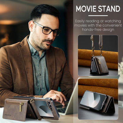 For Samsung Galaxy Z Flip6 DG.MING M5 Series Zip RFID Multi Card Detachable Leather Phone Case with Long Lanyard(Coffee)